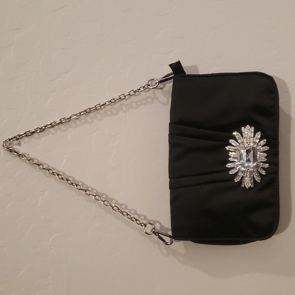 White House Black Market Chic Black Clutch In Satin with Silver Embellishment - Picture 8 of 9